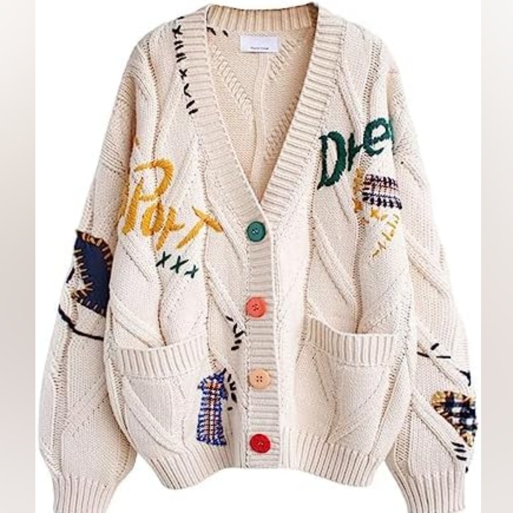 Women Chunky Cable Knit Cardigan Embroidery Button Sweater Size M - Picture 5 of 10
